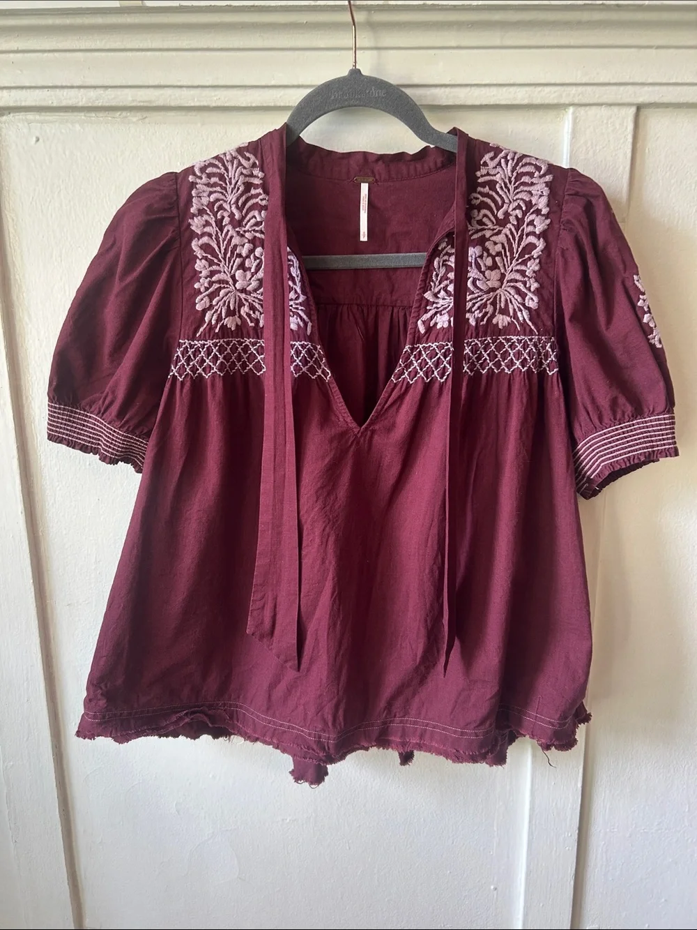 Free People Dreaming About You Embroidered V-Neck Peasant Top in Deep Purple S